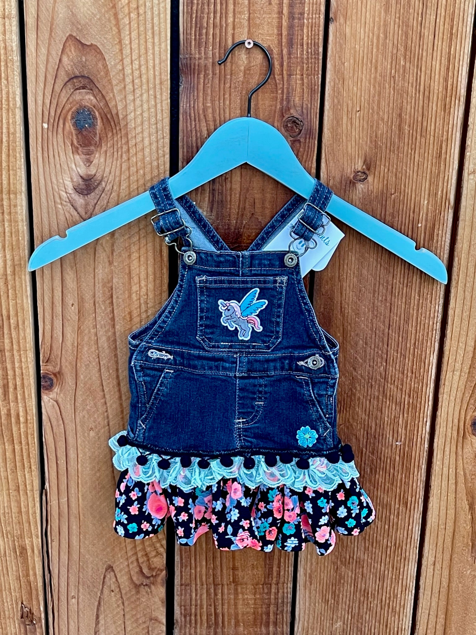Girls dress black with unicorn patch teal and peach flowers 0-3 months