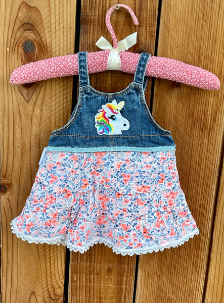 Girls dress blue bib top with pink and teal flowers unicorn patch 9 months