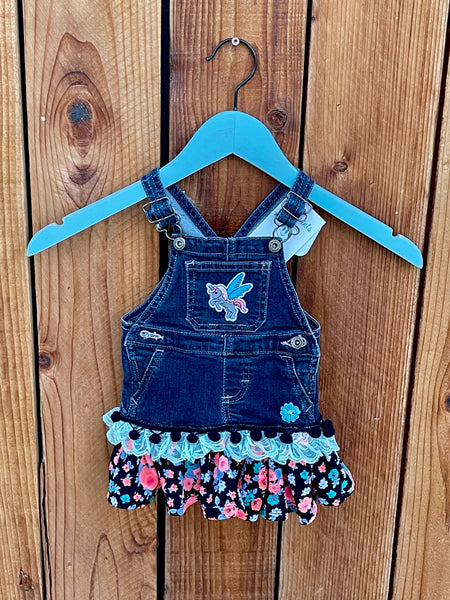 Girls dress black with unicorn patch teal and peach flowers 0-3 months