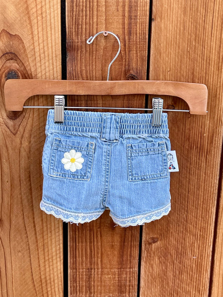 Girls Shorts, blue with yellow and white flowers and lace 6 months