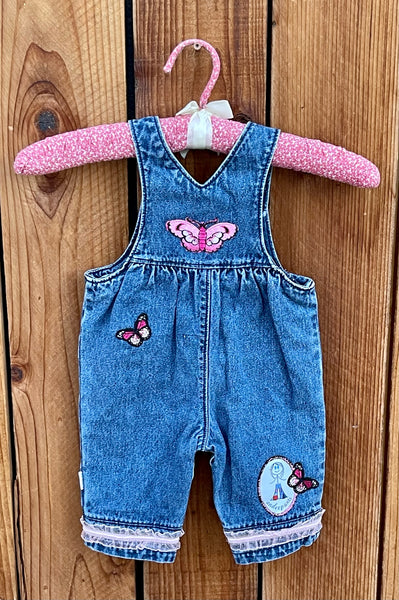 Girls Bibs Blue with butterflies, flowers and pink cuffs 6 months