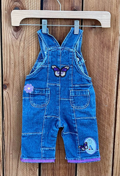 Girls bibs blue with embroidered butterflies and purple cuffs 3-6 months