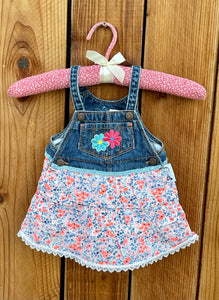 Girls dress blue bib top with pink and teal flowers unicorn patch 9 months