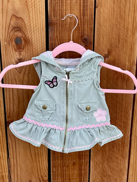 Girls vest green with pink flowers and trim 12 months