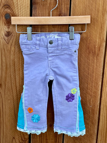 Girls flares purple pants with teal flare and colorful flowers Size 12 months