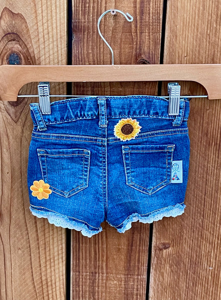 Girls Shorts with Yellow patches and white lace trim 2T