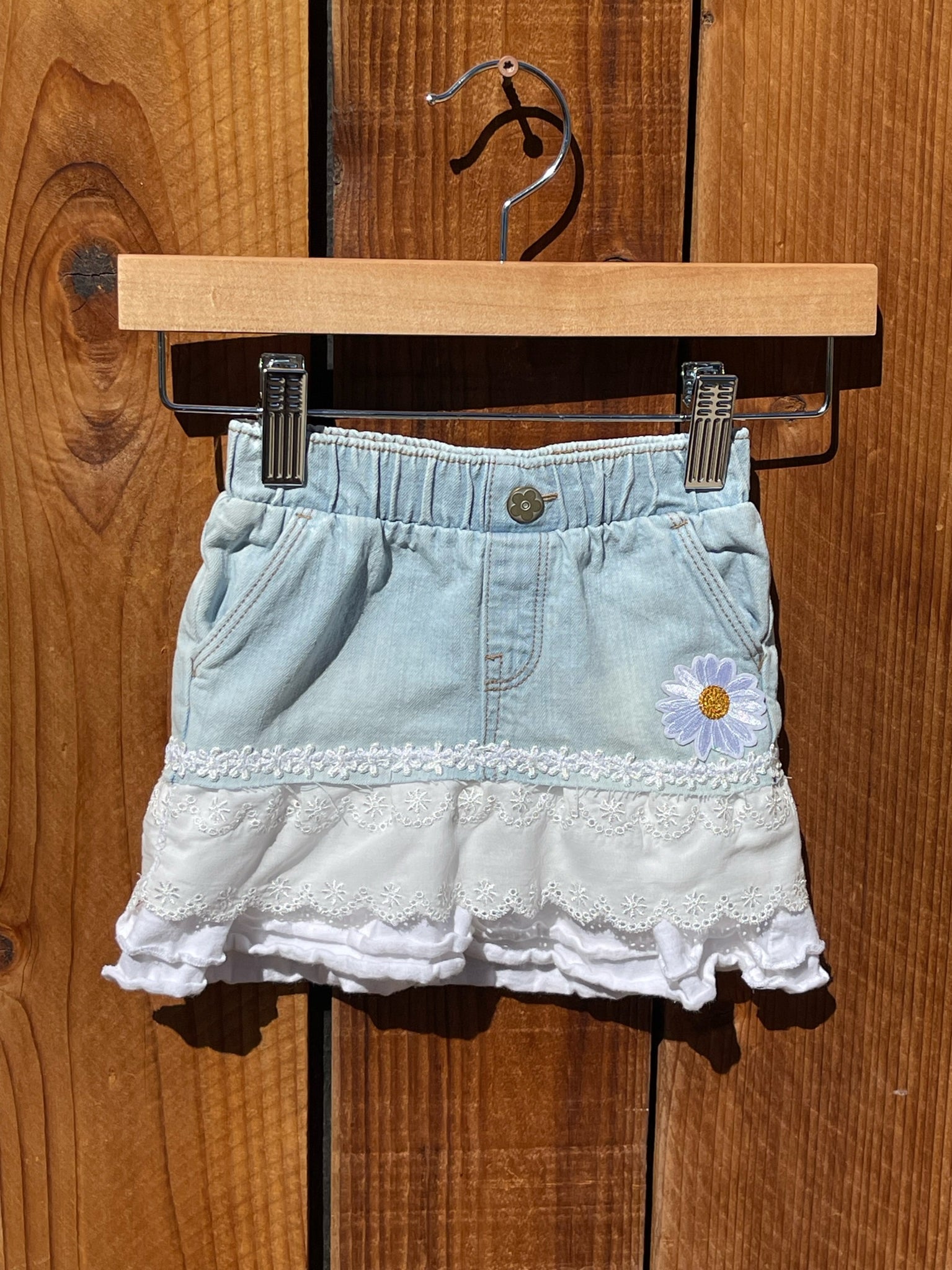 Girls Skirt light blue with white ruffle and flowers 18 Months