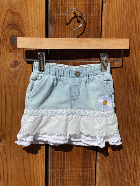 Girls Skirt light blue with white ruffle and flowers 18 Months