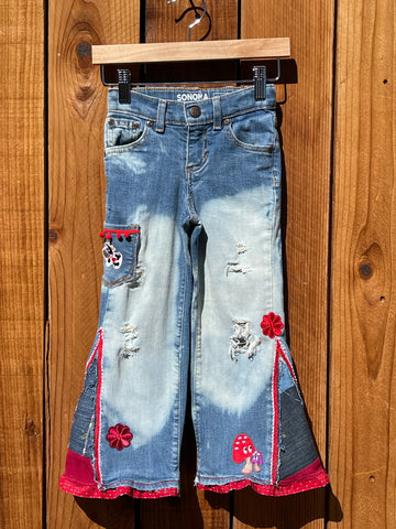 Girls Flare bleached with red and black cow pocket Size 4R