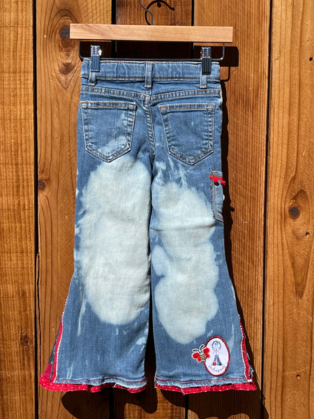Girls Flare bleached with red and black cow pocket Size 4R