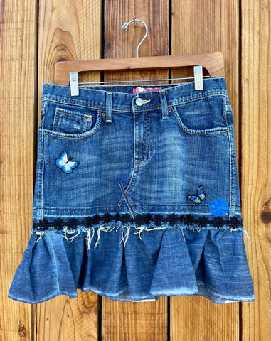 Ladies Skirt blue ruffle and butterfly patches Size 8
